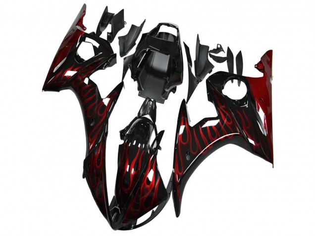 Carenado Moto Yamaha YZF R6 2003-2004 - Negro Brillante Rojo Llama Fábrica