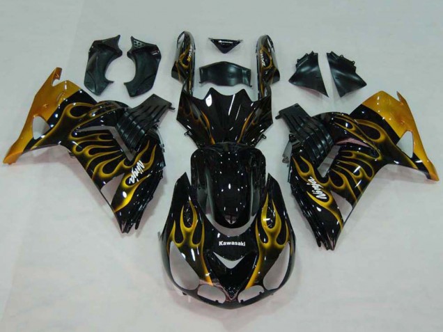 Carenados Moto Kawasaki ZX14R ZZR1400 2006-2011 - Negro Brillante Oro Llama Fábrica