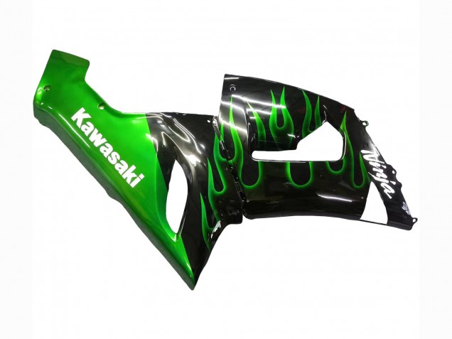 Carenado Moto Kawasaki ZX6R 2005-2006 - Negro Brillante Verde Llama Fábrica