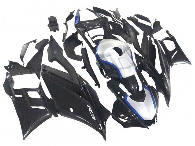 Carenados Moto Yamaha YZF R3/R25 2022-2024 - Negro FibraCarbono Estilo Plata Azul Fábrica
