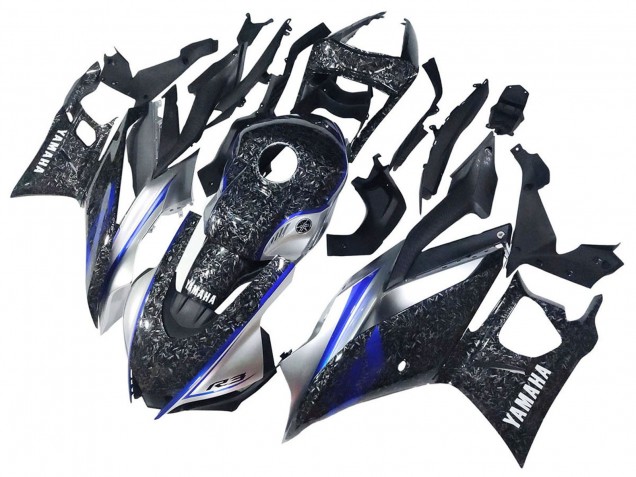 Carenados Moto Yamaha YZF R3/R25 2022-2024 - Marble Negro Plata Azul Falsificado FibraCarbono Estilo Fábrica