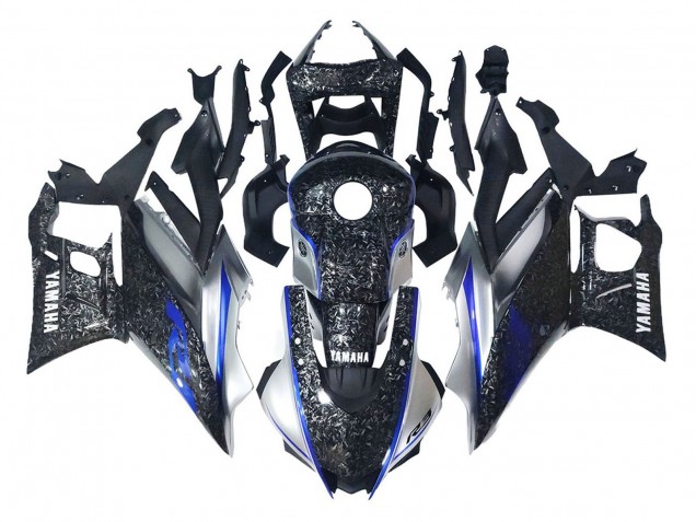 Carenados Moto Yamaha YZF R3/R25 2022-2024 - Marble Negro Plata Azul Falsificado FibraCarbono Estilo Fábrica
