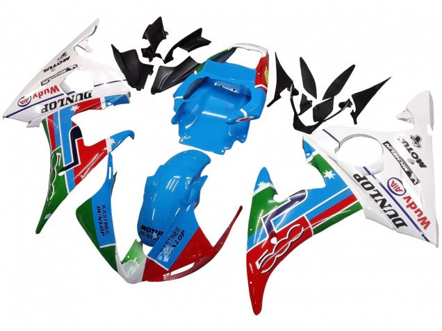 Carenados Moto Yamaha YZF 600 R6 2005 - Azul Claro Blanco Verde Rojo Kastinee Dunlop Motul Fábrica