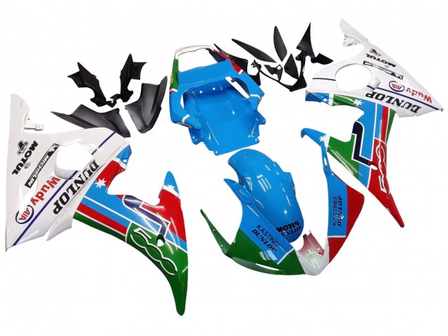 Carenados Moto Yamaha YZF 600 R6 2005 - Azul Claro Blanco Verde Rojo Kastinee Dunlop Motul Fábrica