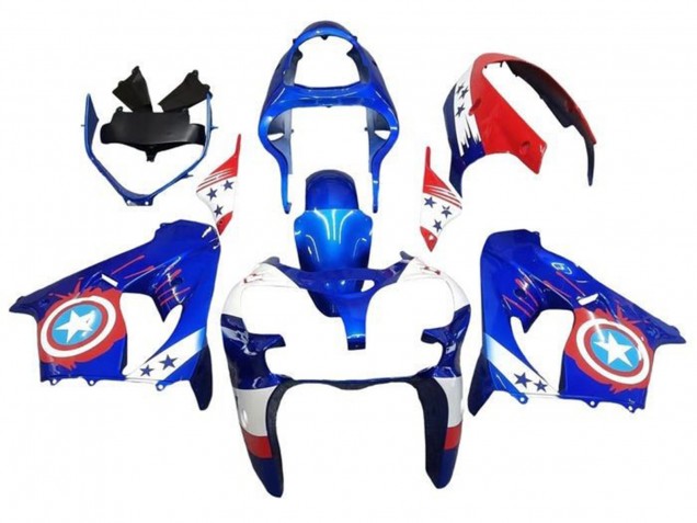 Carenados Moto Kawasaki ZX9R 2000-2001 - Azul Rojo Captain America Estrella Fábrica