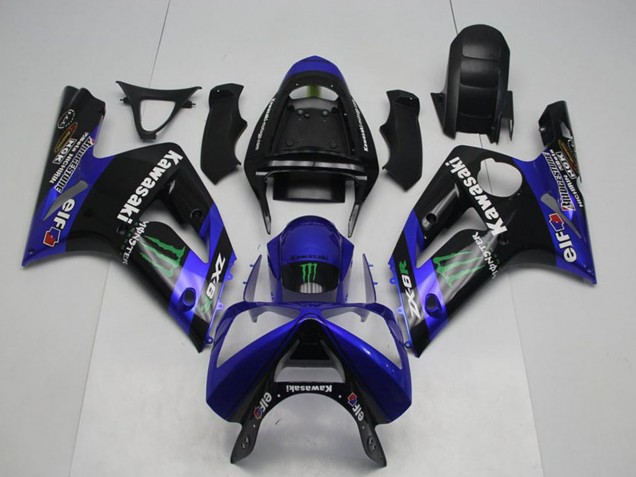 Carenados Moto Kawasaki ZX6R 2003-2004 - Negro Brillante Azul Verde Monstruo Fábrica