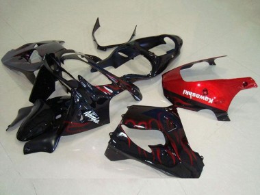 Carenado Moto Kawasaki ZX9R 2000-2001 - Negro Brillante Rojo Llama Fábrica