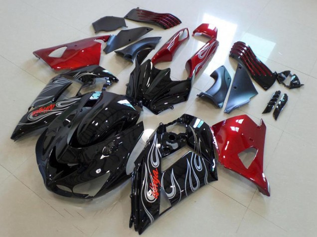 Carenados Moto Kawasaki ZX14R ZZR1400 2006-2011 - Rojo Negro Brillante Plata Llama Fábrica