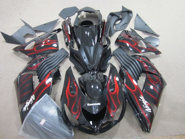 Carenado Moto Kawasaki ZX14R ZZR1400 2006-2011 - Negro Brillante Rojo Llama Fábrica